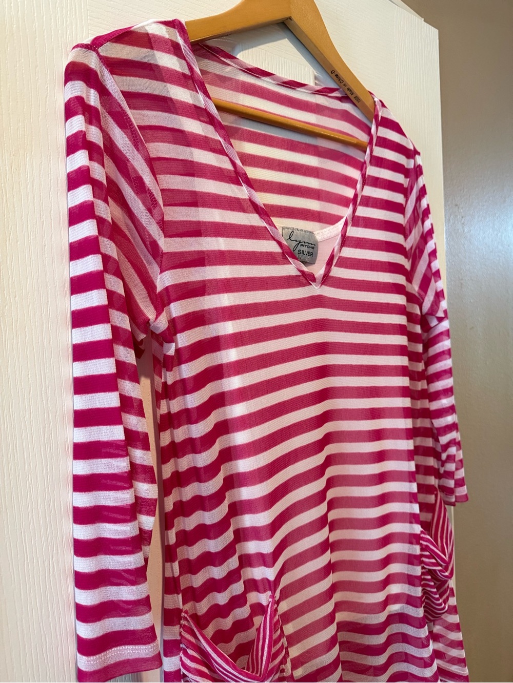 Lynn Ritchie Silver Pink & White Striped Blouse w/ White Lace Tank Top Coverup